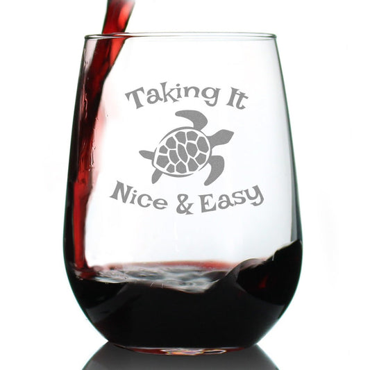 TAKING IT NICE & EASY - SEA TURTLE STEMLESS WINE GLASS - LARGE GLASSWARE - UNIQUE FUNNY ETCHED TURTLES GIFT GLASSES