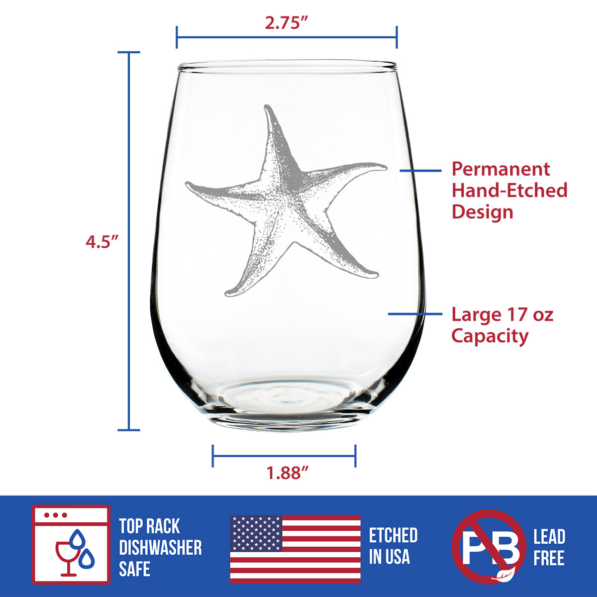 STARFISH STEMLESS WINE GLASS - BEACH THEMED DECOR AND DECORATIVE OCEAN GLASSWARE GIFTS FOR WOMEN AND MEN - LARGE 17 OZ GLASSES
