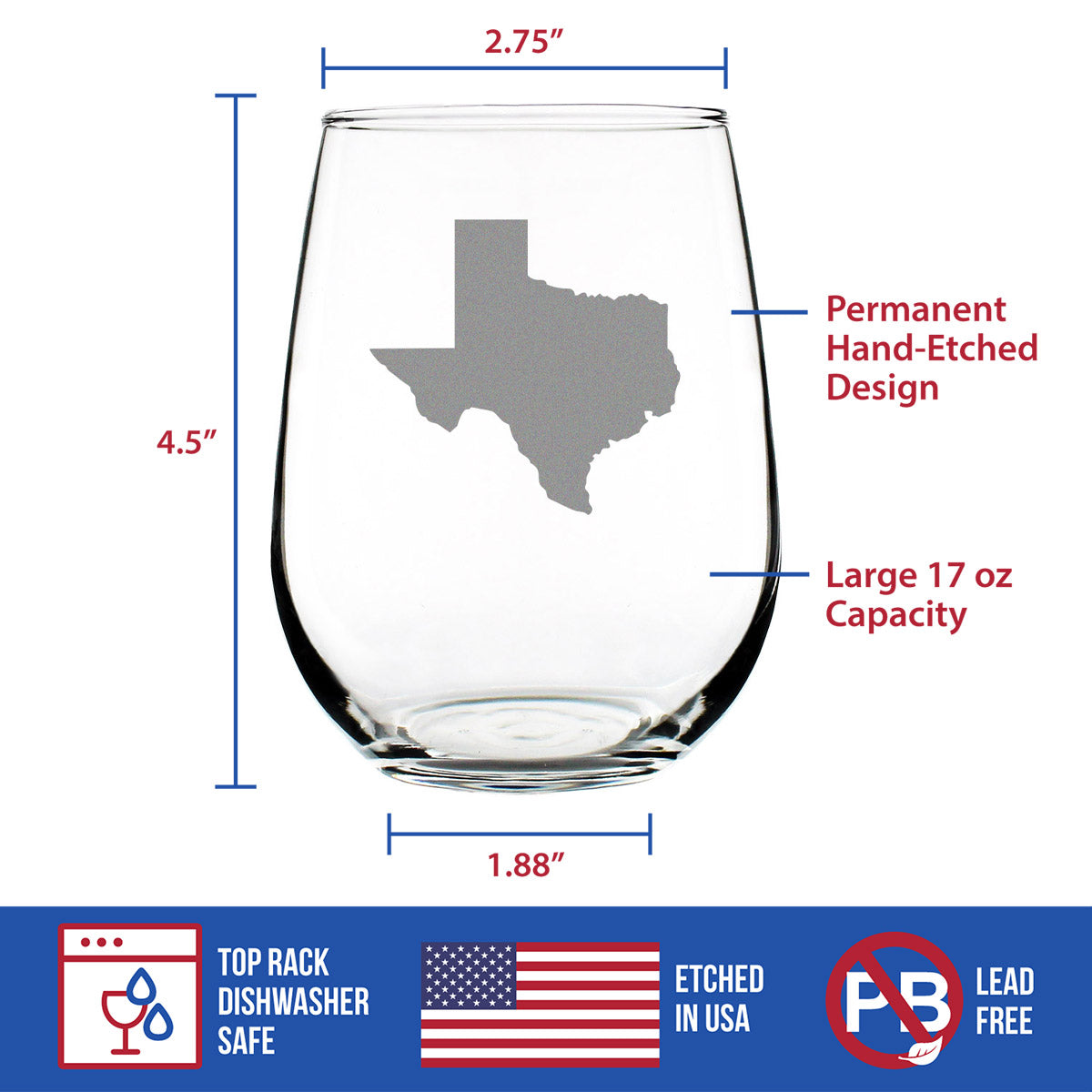 TEXAS STATE OUTLINE STEMLESS WINE GLASS - STATE THEMED DRINKING DECOR AND GIFTS FOR TEXAN WOMEN & MEN - LARGE 17 OZ GLASSES