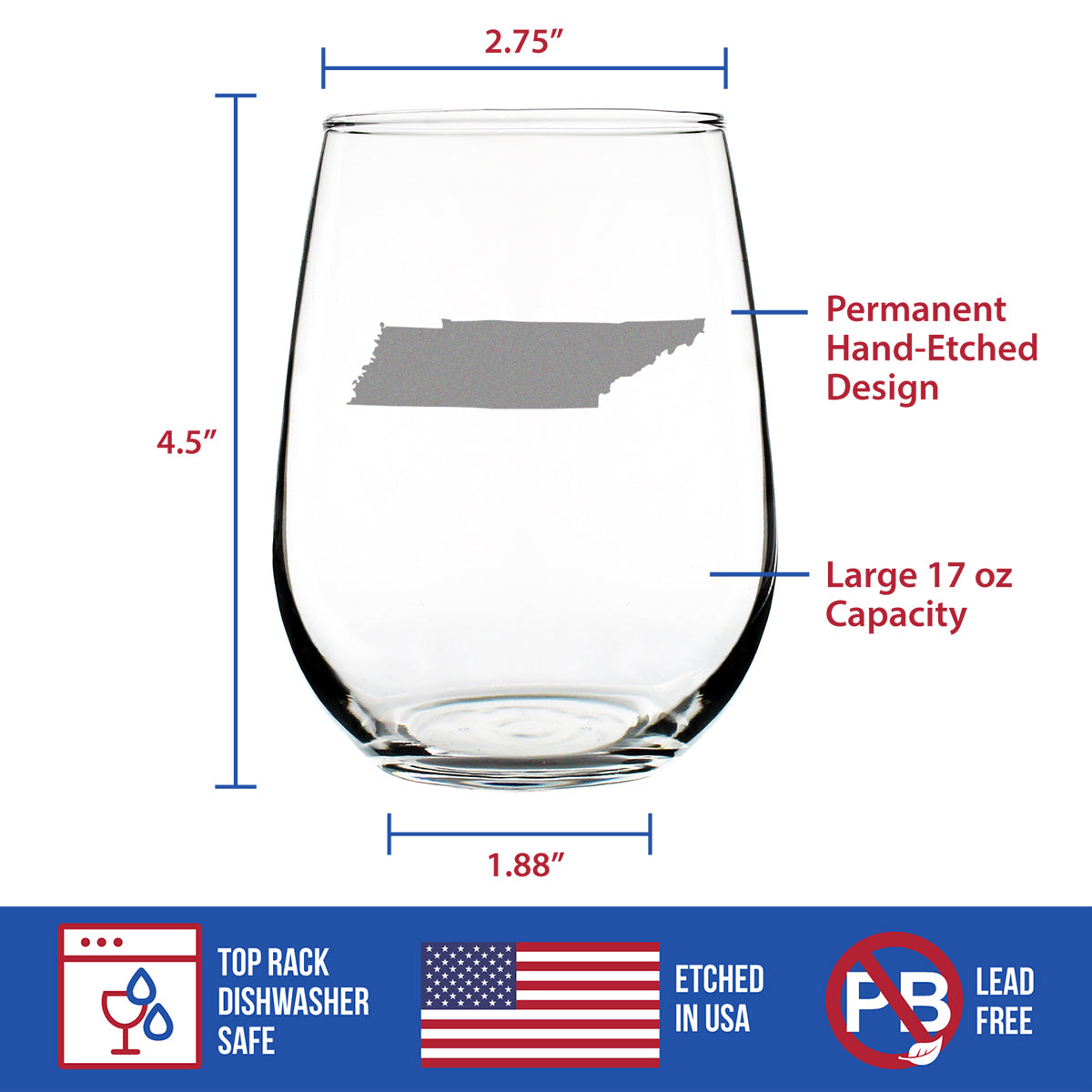 TENNESSEE STATE OUTLINE STEMLESS WINE GLASS - STATE THEMED DRINKING DECOR AND GIFTS FOR TENNESSEAN WOMEN & MEN - LARGE 17 OZ GLASSES