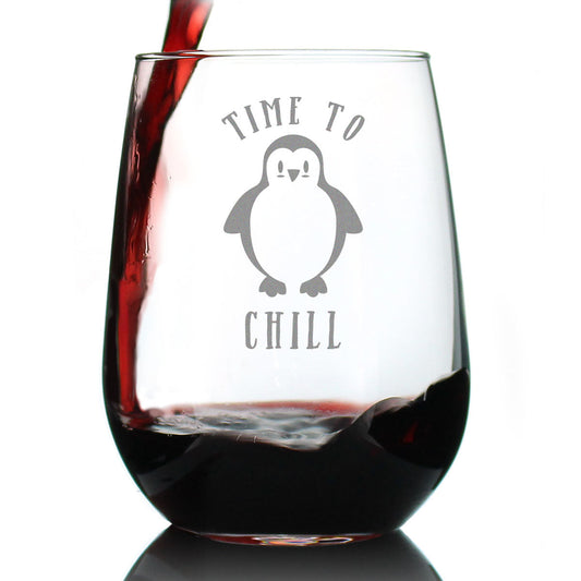 TIME TO CHILL - STEMLESS WINE GLASS - FUNNY CUTE PENGUIN THEMED GIFTS AND DECOR - LARGE 17 OZ