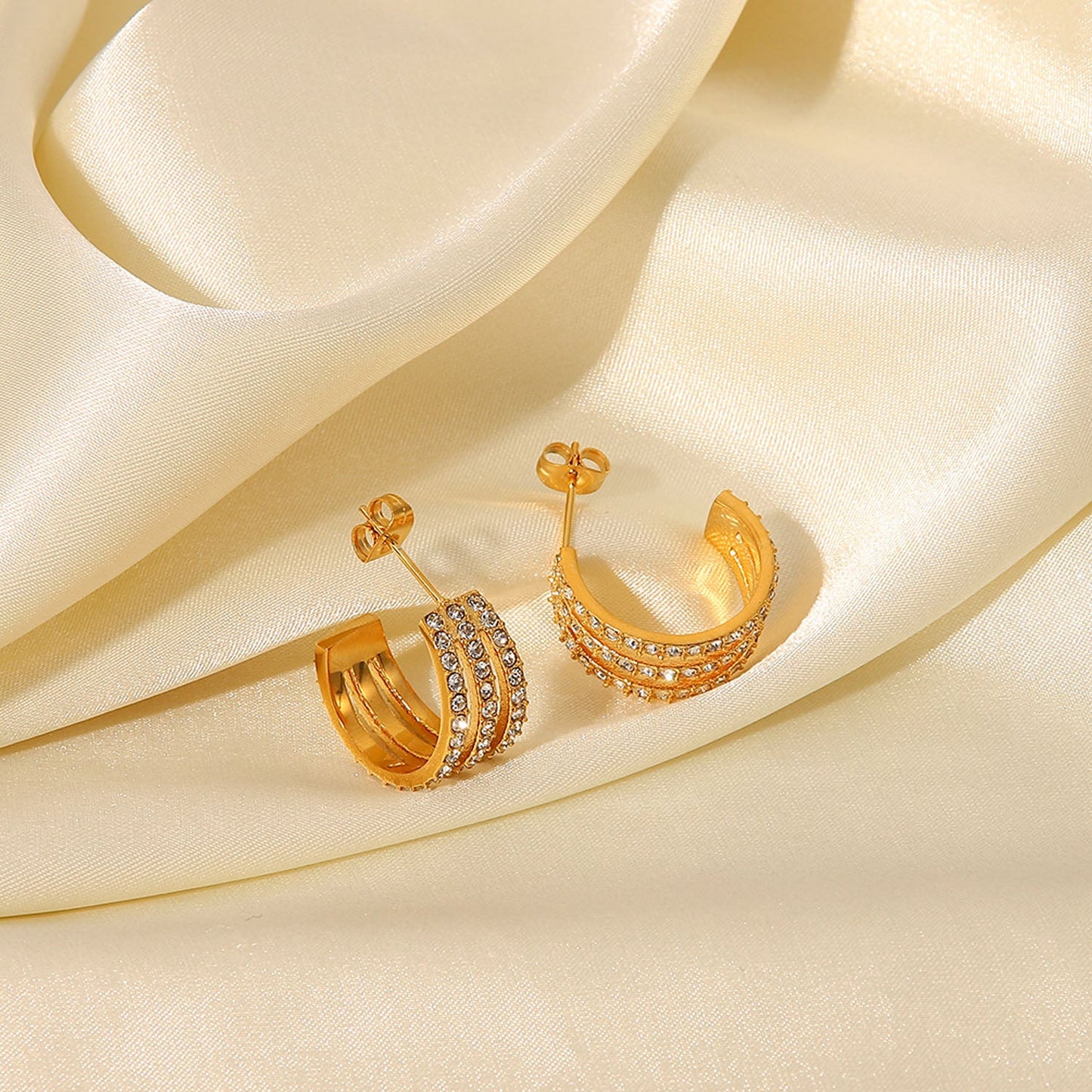 STAINLESS STEEL INLAID ZIRCON C-HOOP EARRINGS-Thriftique Marketplace