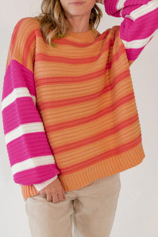 STRIPED ROUND NECK LONG SLEEVE SWEATER-Thriftique Marketplace