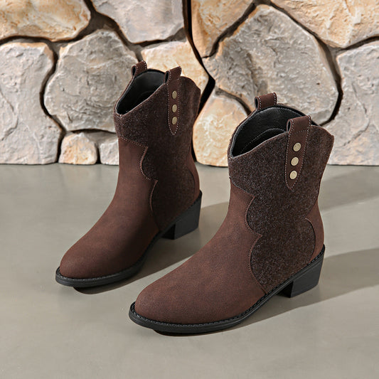 SUEDE POINT TOE BLOCK HEEL BOOTS-Thriftique Marketplace