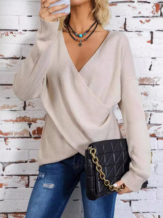 SURPLICE DROPPED SHOULDER LONG SLEEVE SWEATER-Thriftique Marketplace