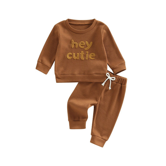 TODDLER BABY GIRL BOY 2PCS HEY CUTIE OUTFIT LONG SLEEVE RIBBED KNIT TOPS PANTS SET