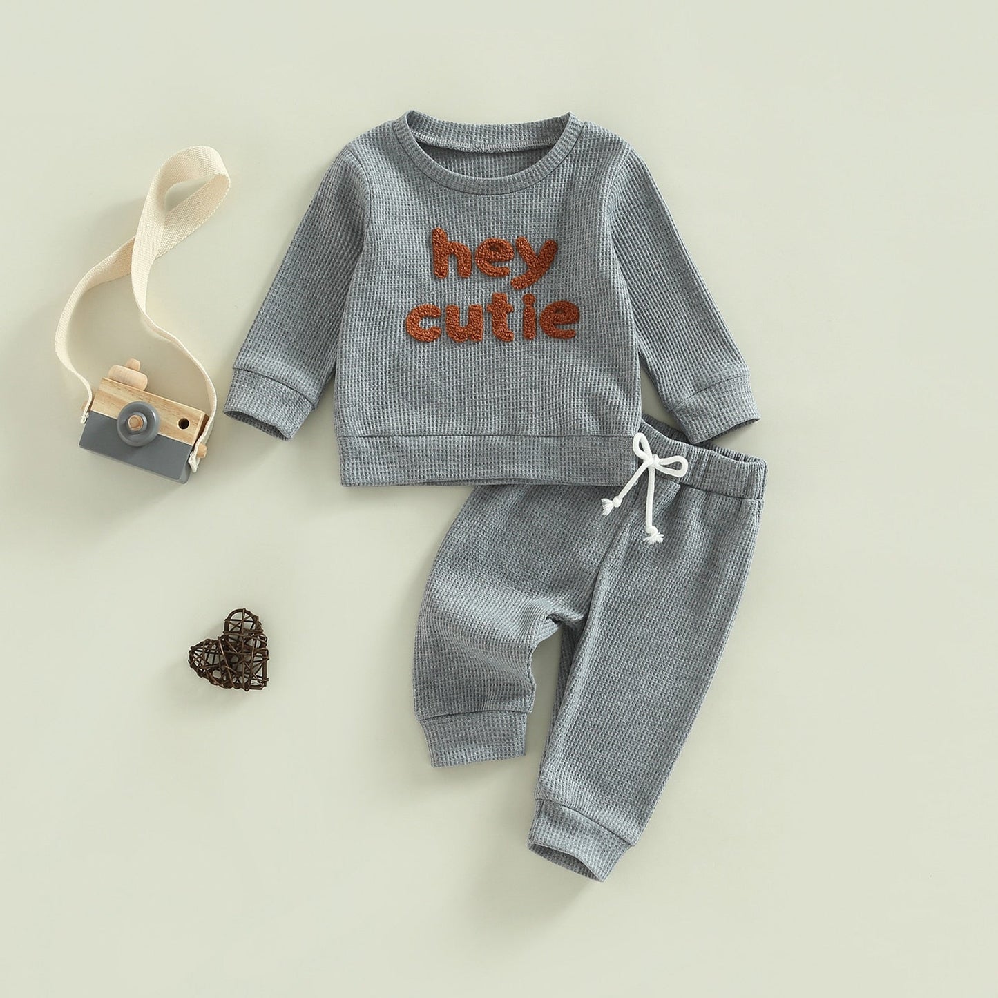 TODDLER BABY GIRL BOY 2PCS HEY CUTIE OUTFIT LONG SLEEVE RIBBED KNIT TOPS PANTS SET