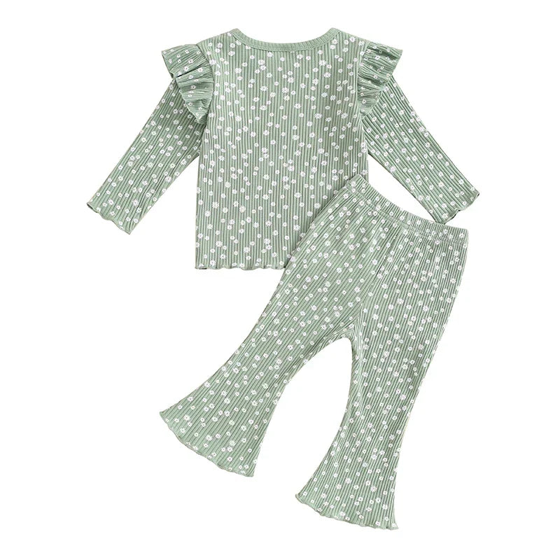 TODDLER KIDS GIRLS 2PCS FALL OUTFIT RUFFLE FLOWER PRINT LONG SLEEVE TOP + FLARE PANTS SET