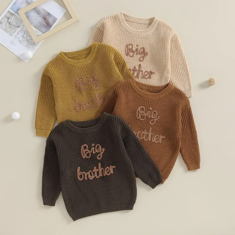 TODDLER KIDS BOYS SWEATERS COTTON LONG SLEEVE LETTER EMBROIDERY BIG BROTHER PULLOVER LOOSE KNITWEAR TOP