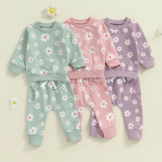 TODDLER KIDS GIRLS 2PCS FALL OUTFIT FLOWER DAISY PRINT LONG SLEEVE CREWNECK TOP ELASTIC WAIST PANTS WITH POCKETS SET