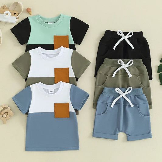 TODDLER BABY BOY 2PCS SUMMER CLOTHES COLOR BLOCK SHORT SLEEVE T-SHIRT SHORTS SET