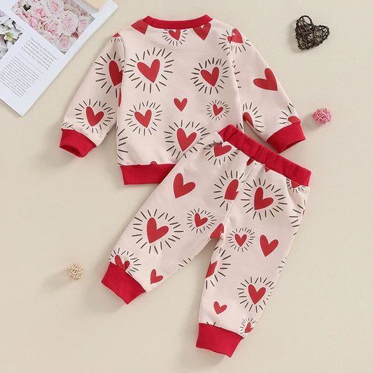 TODDLER BABY BOY GIRL 2PCS VALENTINE’S DAY OUTFIT LONG SLEEVE HEART TOP + PANTS SET