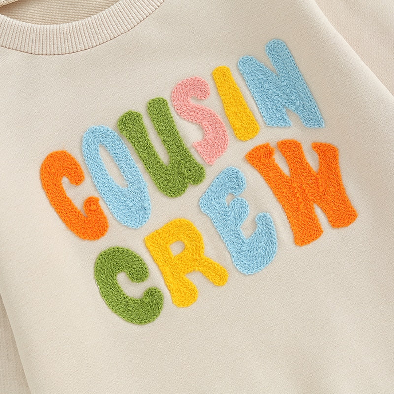TODDLER BABY KIDS BOYS GIRLS FUZZY LETTER EMBROIDERY COUSIN CREW MATCHING LONG SLEEVE ROUND NECK PULLOVER LOOSE TOP
