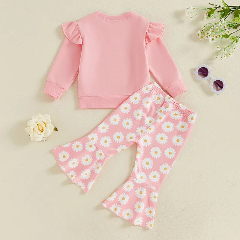TODDLER KIDS GIRLS 2PCS FALL OUTFIT FLYING SLEEVE SOLID COLOR PULLOVER TOP WITH FLOWER FLORAL FLARED PANTS SET