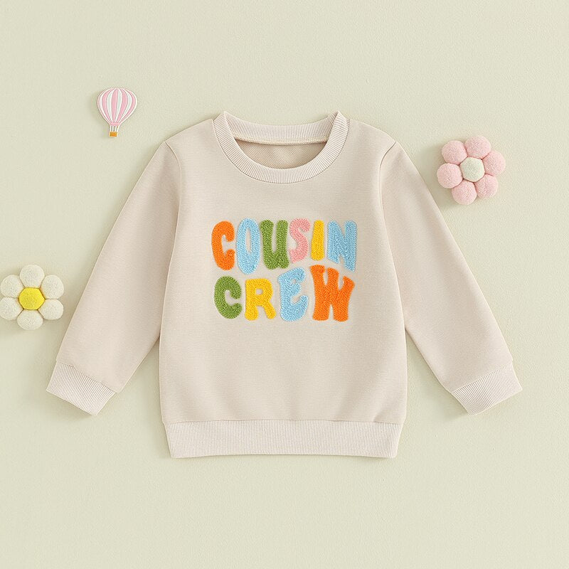 TODDLER BABY KIDS BOYS GIRLS FUZZY LETTER EMBROIDERY COUSIN CREW MATCHING LONG SLEEVE ROUND NECK PULLOVER LOOSE TOP