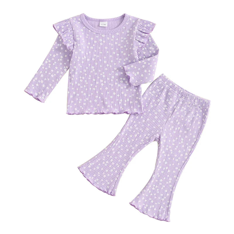TODDLER KIDS GIRLS 2PCS FALL OUTFIT RUFFLE FLOWER PRINT LONG SLEEVE TOP + FLARE PANTS SET