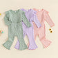 TODDLER KIDS GIRLS 2PCS FALL OUTFIT RUFFLE FLOWER PRINT LONG SLEEVE TOP + FLARE PANTS SET