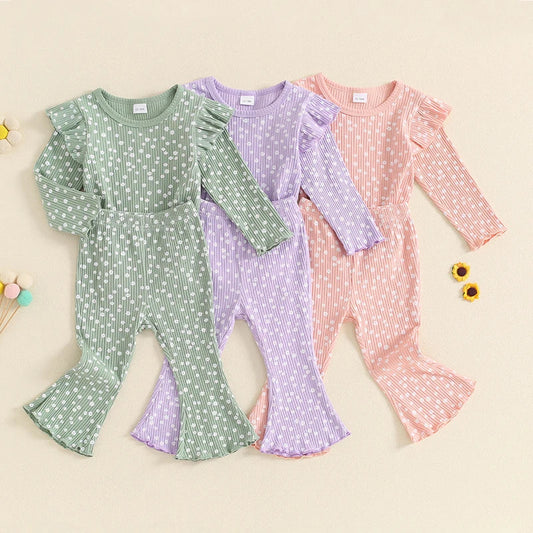 TODDLER KIDS GIRLS 2PCS FALL OUTFIT RUFFLE FLOWER PRINT LONG SLEEVE TOP + FLARE PANTS SET