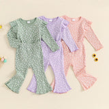 TODDLER KIDS GIRLS 2PCS FALL OUTFIT RUFFLE FLOWER PRINT LONG SLEEVE TOP + FLARE PANTS SET