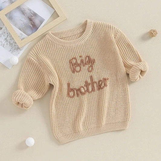 TODDLER KIDS BOYS SWEATERS COTTON LONG SLEEVE LETTER EMBROIDERY BIG BROTHER PULLOVER LOOSE KNITWEAR TOP