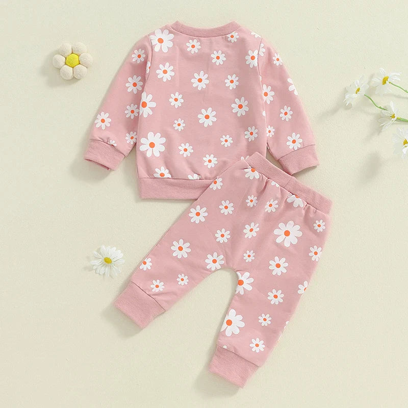 TODDLER KIDS GIRLS 2PCS FALL OUTFIT FLOWER DAISY PRINT LONG SLEEVE CREWNECK TOP ELASTIC WAIST PANTS WITH POCKETS SET