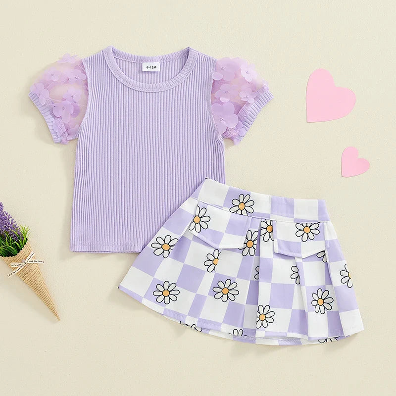 TODDLER KIDS GIRLS 2PCS SUMMER OUTFIT MESH FLOWER SLEEVE RIBBED TOP FLORAL CHECKER PRINT SKIRT SET