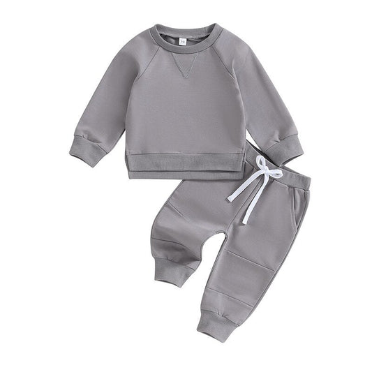 TODDLER BABY BOYS GIRLS 2PCS FALL OUTFITS LONG SLEEVE SPLIT HEM TOPS POCKET PANTS SOLID COLOR CLOTHES SETS