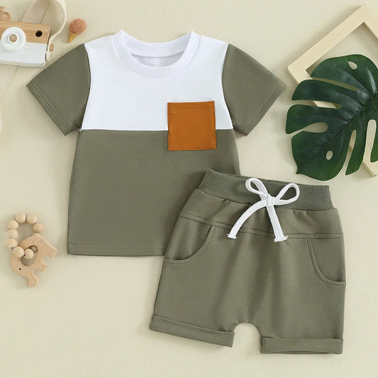 TODDLER BABY BOY 2PCS SUMMER CLOTHES COLOR BLOCK SHORT SLEEVE T-SHIRT SHORTS SET