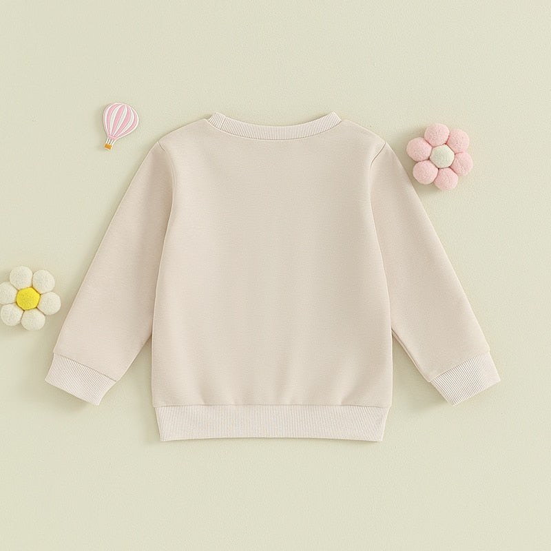 TODDLER BABY KIDS BOYS GIRLS FUZZY LETTER EMBROIDERY COUSIN CREW MATCHING LONG SLEEVE ROUND NECK PULLOVER LOOSE TOP