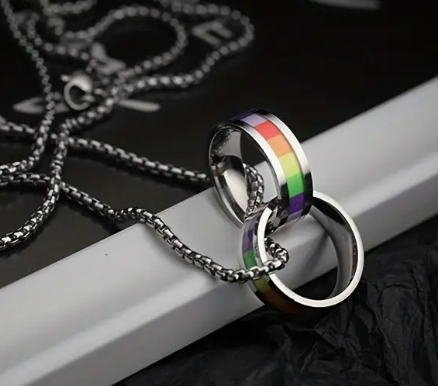 STAINLESS STEEL RAINBOW DOUBLE RING LGBTQ PRIDE NECKLACE