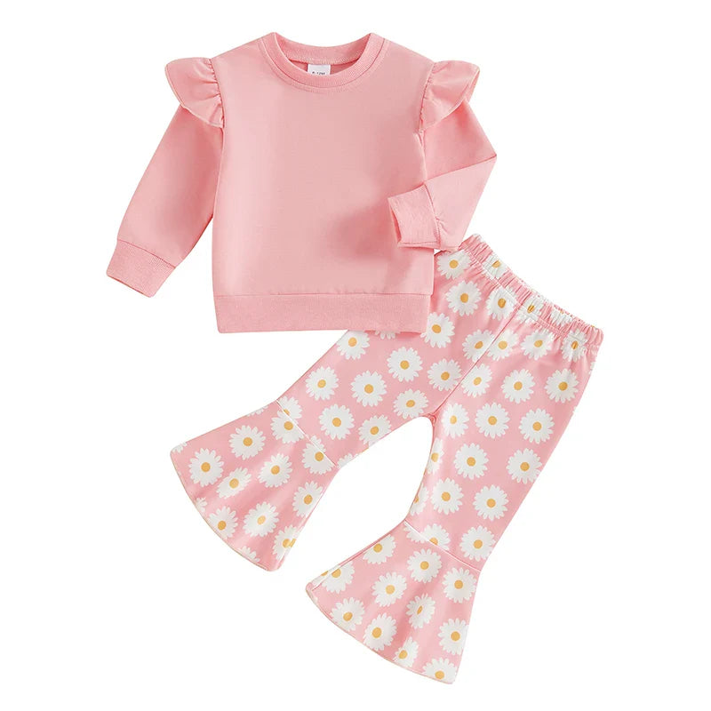 TODDLER KIDS GIRLS 2PCS FALL OUTFIT FLYING SLEEVE SOLID COLOR PULLOVER TOP WITH FLOWER FLORAL FLARED PANTS SET