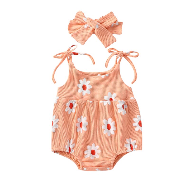 TODDLER BABY GIRL JUMPSUIT SET SUMMER FLORAL PRINT TIE TANK ROMPER STRETCH HEADBAND OUTFIT