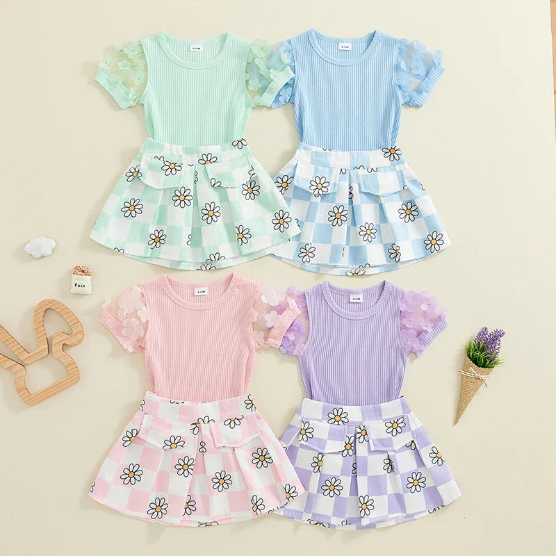 TODDLER KIDS GIRLS 2PCS SUMMER OUTFIT MESH FLOWER SLEEVE RIBBED TOP FLORAL CHECKER PRINT SKIRT SET