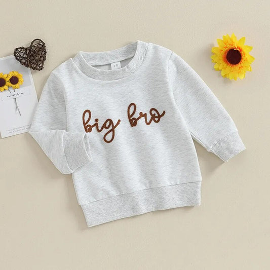 TODDLER BABY BOY LONG SLEEVE CREWNECK LETTERS BIG LIL BRO PULLOVER TOP OR ROMPER BROTHER MATCHING