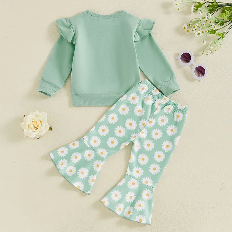 TODDLER KIDS GIRLS 2PCS FALL OUTFIT FLYING SLEEVE SOLID COLOR PULLOVER TOP WITH FLOWER FLORAL FLARED PANTS SET