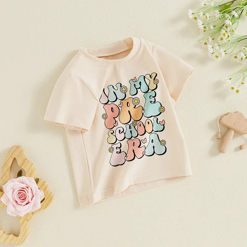 TODDLER KIDS GIRLS IN MY PRESCHOOL ERA BACK TO SCHOOL COLORFUL LETTER & FLORAL FLOWERS PRINT ROUND NECK SHORT SLEEVE TOP