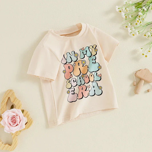 TODDLER KIDS GIRLS IN MY PRESCHOOL ERA BACK TO SCHOOL COLORFUL LETTER & FLORAL FLOWERS PRINT ROUND NECK SHORT SLEEVE TOP