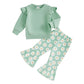 TODDLER KIDS GIRLS 2PCS FALL OUTFIT FLYING SLEEVE SOLID COLOR PULLOVER TOP WITH FLOWER FLORAL FLARED PANTS SET
