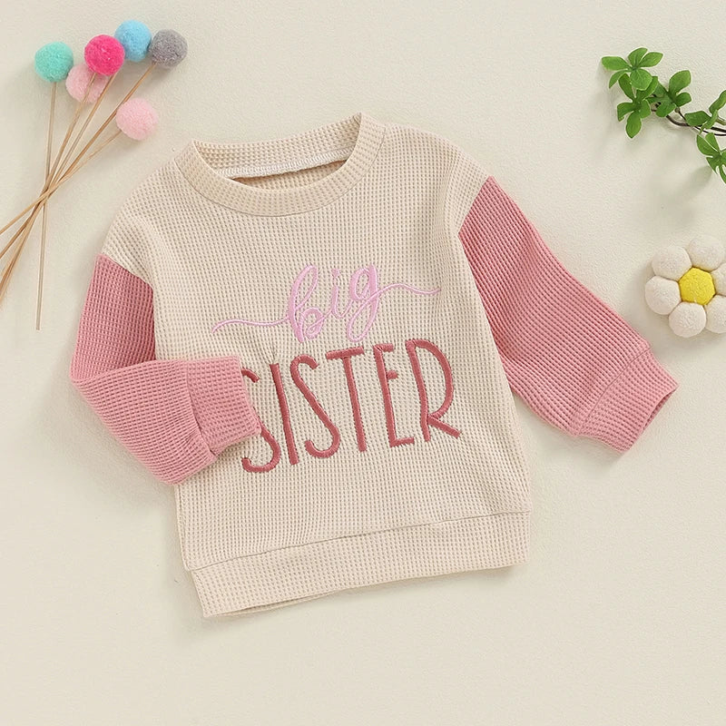 TODDLER KIDS BIG BROTHER / SISTER PULLOVER LETTER EMBROIDERY ROUND NECK CONTRASTING COLOR LONG SLEEVE WAFFLE TOP