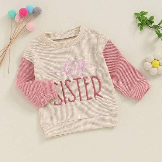TODDLER KIDS BIG BROTHER / SISTER PULLOVER LETTER EMBROIDERY ROUND NECK CONTRASTING COLOR LONG SLEEVE WAFFLE TOP