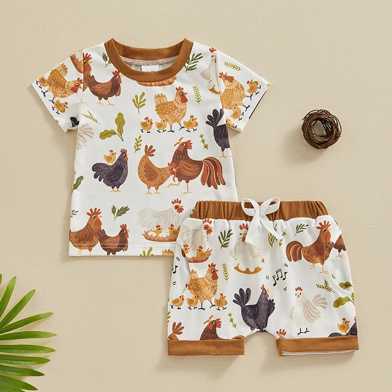 TODDLER BABY BOY 2PCS FARM CLOTHES CHICKENS ANIMALS PRINT SHIRT SHORTS OUTFIT SET