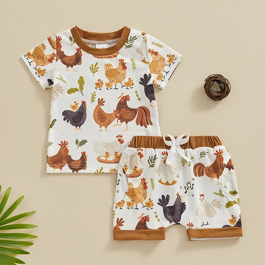 TODDLER BABY BOY 2PCS FARM CLOTHES CHICKENS ANIMALS PRINT SHIRT SHORTS OUTFIT SET