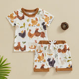 TODDLER BABY BOY 2PCS FARM CLOTHES CHICKENS ANIMALS PRINT SHIRT SHORTS OUTFIT SET