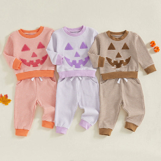 TODDLER BOYS HALLOWEEN 2PCS PANTS SETS LONG SLEEVE O NECK PUMPKIN EMBROIDERY TOPS STRIPED PANTS SETS