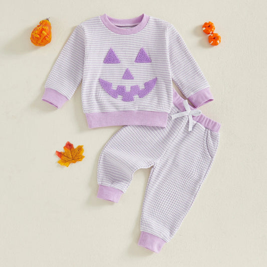 TODDLER BOYS HALLOWEEN 2PCS PANTS SETS LONG SLEEVE O NECK PUMPKIN EMBROIDERY TOPS STRIPED PANTS SETS