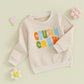 TODDLER BABY KIDS BOYS GIRLS FUZZY LETTER EMBROIDERY COUSIN CREW MATCHING LONG SLEEVE ROUND NECK PULLOVER LOOSE TOP