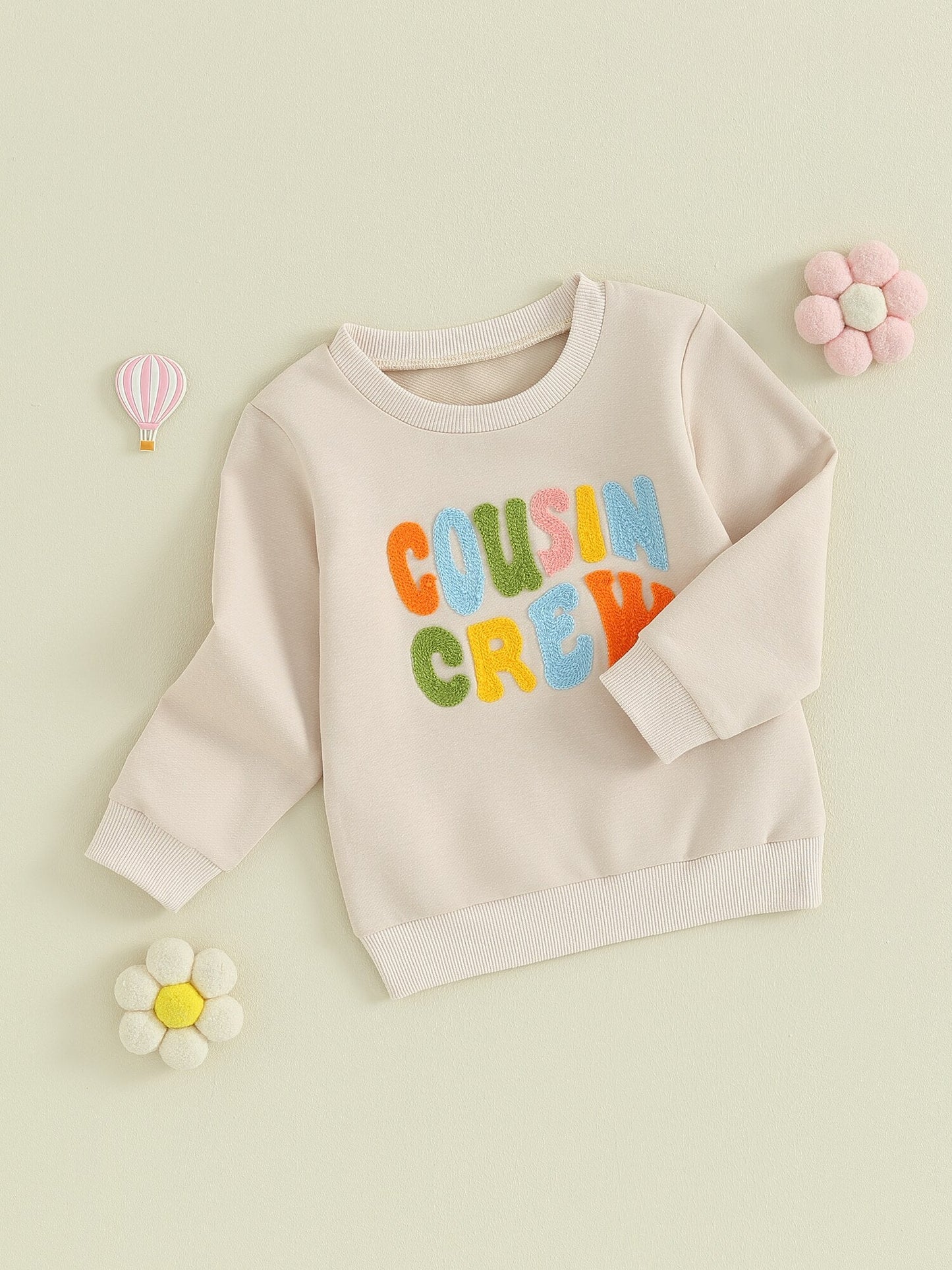 TODDLER BABY KIDS BOYS GIRLS FUZZY LETTER EMBROIDERY COUSIN CREW MATCHING LONG SLEEVE ROUND NECK PULLOVER LOOSE TOP