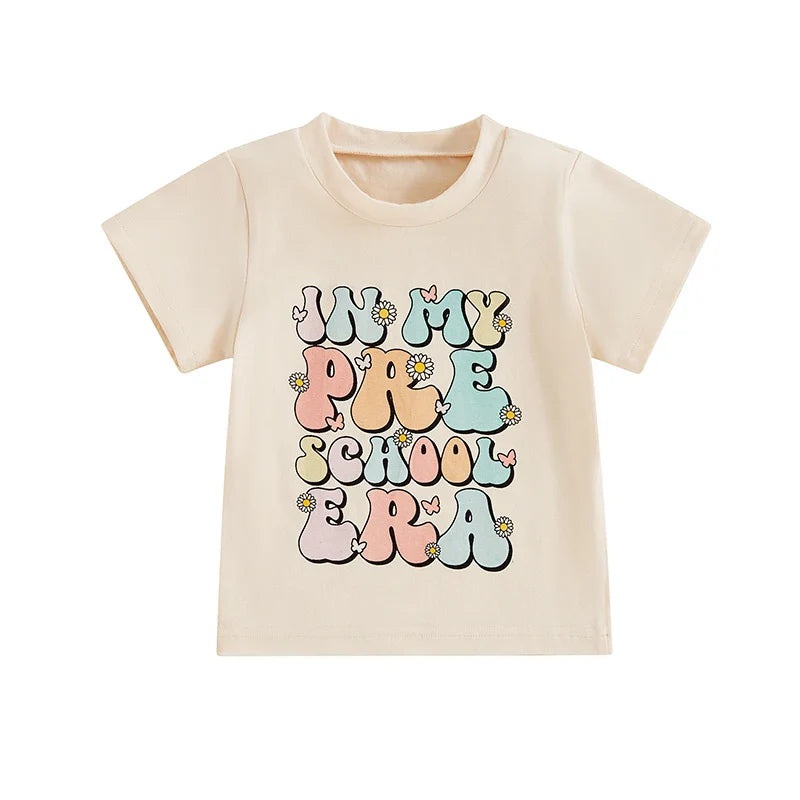 TODDLER KIDS GIRLS IN MY PRESCHOOL ERA BACK TO SCHOOL COLORFUL LETTER & FLORAL FLOWERS PRINT ROUND NECK SHORT SLEEVE TOP