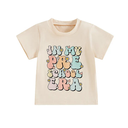 TODDLER KIDS GIRLS IN MY PRESCHOOL ERA BACK TO SCHOOL COLORFUL LETTER & FLORAL FLOWERS PRINT ROUND NECK SHORT SLEEVE TOP