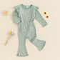 TODDLER KIDS GIRLS 2PCS FALL OUTFIT RUFFLE FLOWER PRINT LONG SLEEVE TOP + FLARE PANTS SET